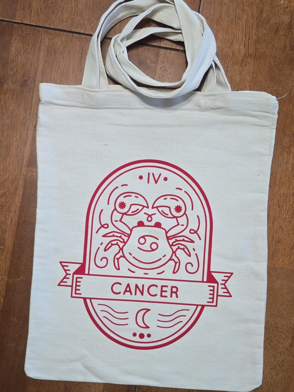 Heavy Canvas Zodiac Tote Bag - Cancer - Natural with Red Print